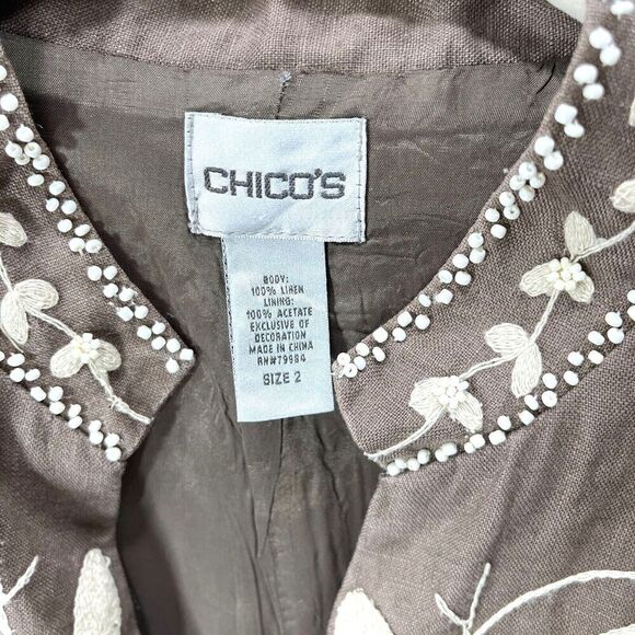 Chico's Jacket Women Large Brown 100% Linen Embroidered Floral Beaded Boxy Fit - Picture 3 of 11